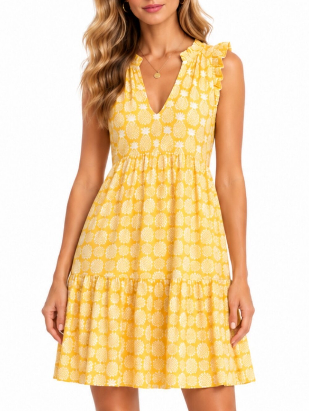 Boden Yellow Pineapple Print Mini Dress Size 4 Tiered Tropical Resort Wear